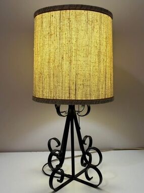 Wrought Iron Scroll Table Lamp with Beige Linen like Fabric Shade